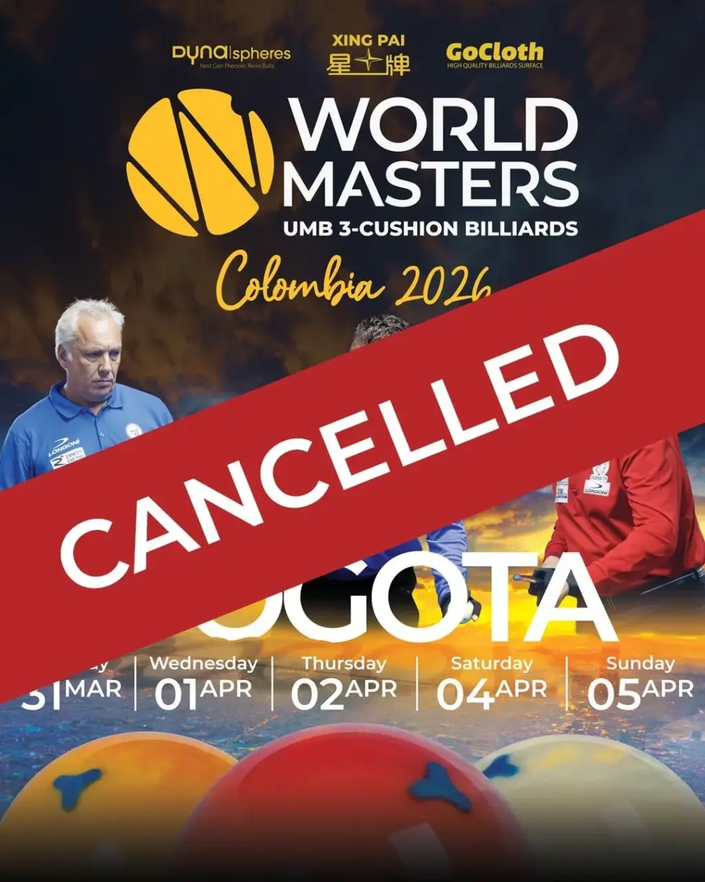Colombia: UMB World Masters geannuleerd vanwege sponsorproblemen