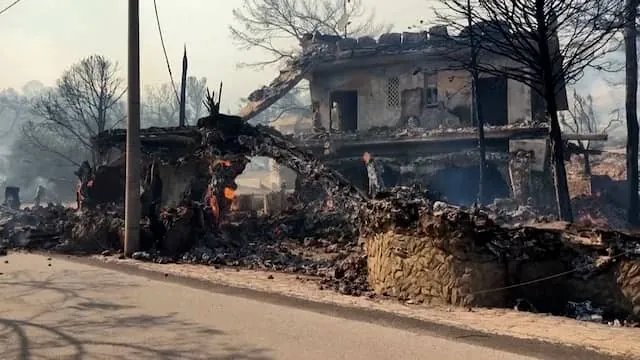 Verkoolde huizen na dodelijke natuurbrand in Griekenland