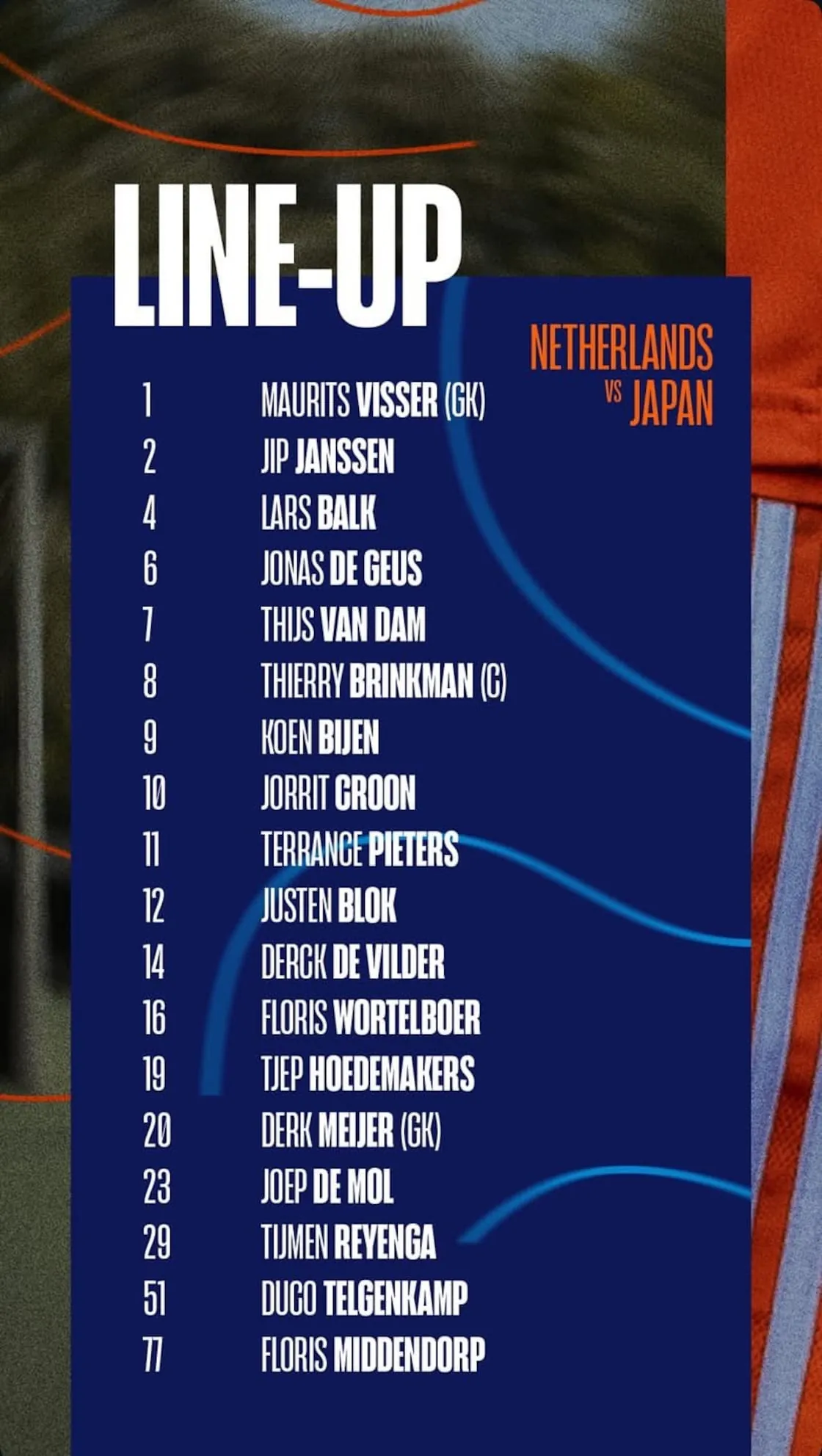 Opstelling hockeyers tegen Japan.