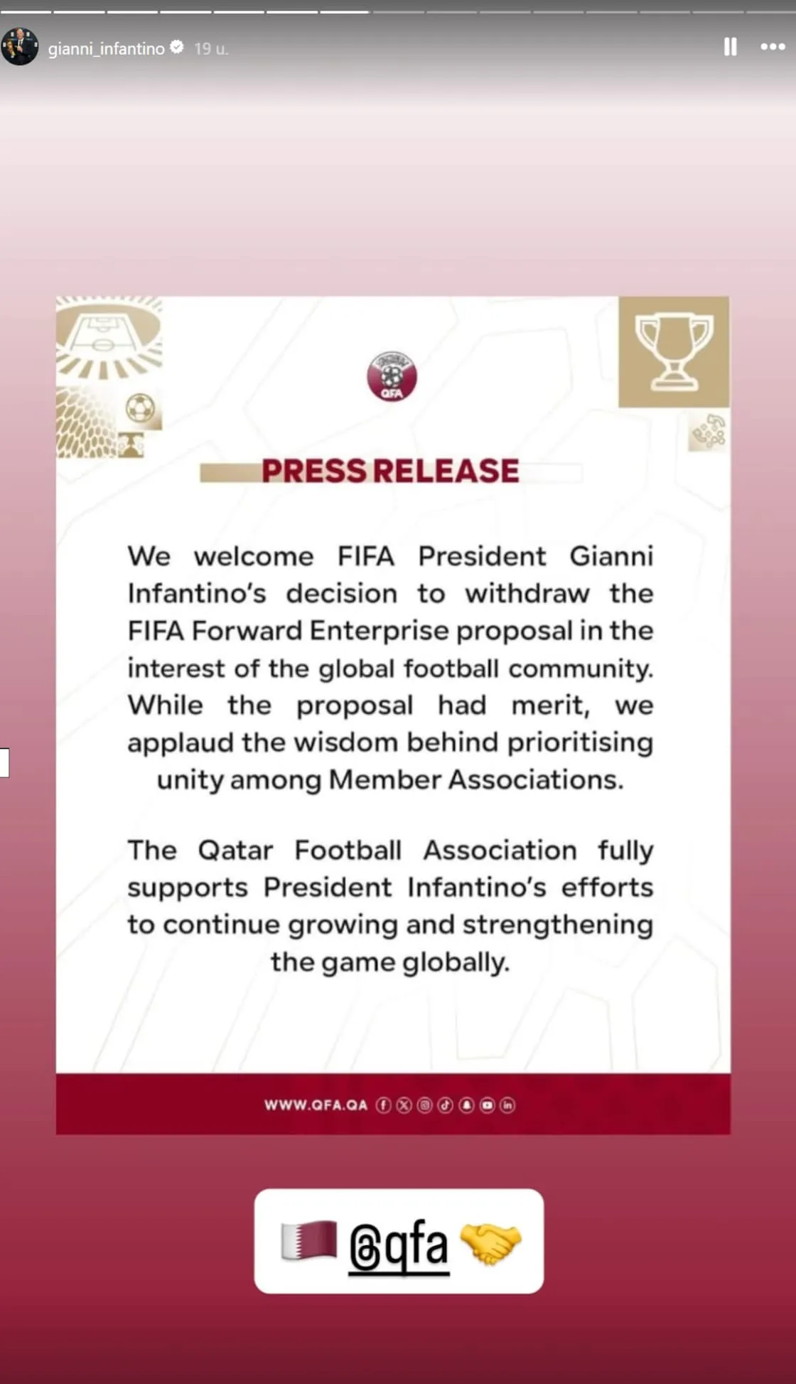 Qatar spreekt steun uit aan Infantino.